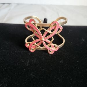 Vintage Bracelet Matte Gold Tone Pink Enamel Cuff Flower Filigree